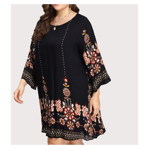 Dark Blue Flower Print 3/4 Sleeve Tunic Dress - Picture 3 of 5